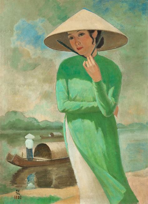 Mai Trung Thu 枚中栨（梅忠恕）Femme au chapeau conique le long de la rivière 河邊 ...