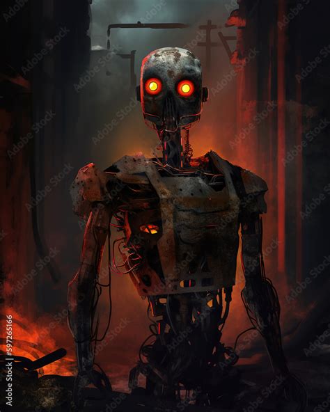 painting of a robot in a post-apocalyptic world, with rusted metal ...