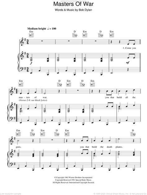 Masters Of War sheet music for voice, piano or guitar v2