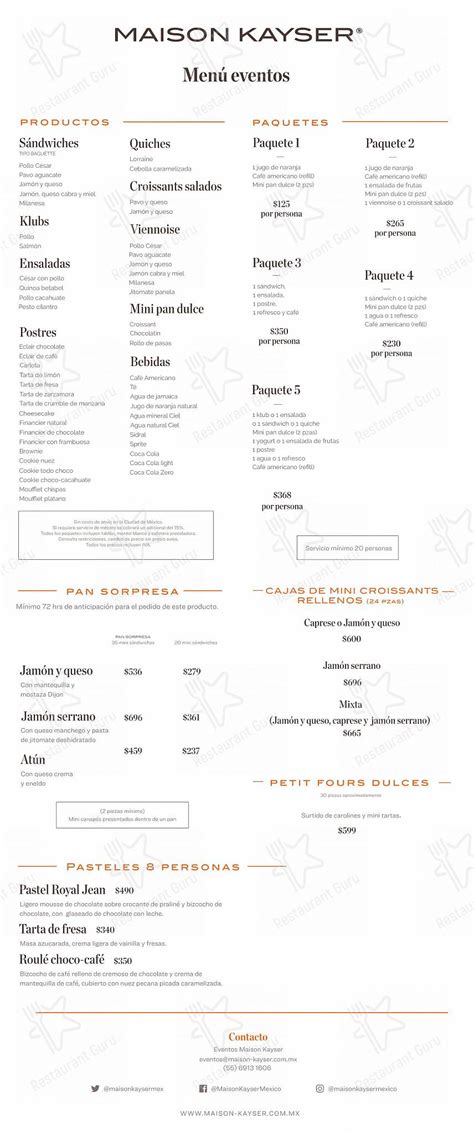 Menu at Maison Kayser restaurant, Mexico City, Av. Paseo de la Reforma 222