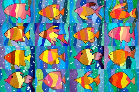 Fishes in warm and cool colors … | Lezioni elementari di arte, Progetti di arte della scuola ...