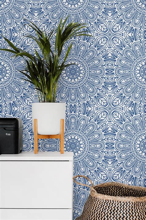 Moroccan Style Removable Wallpaper / Blue Mandala Peel and | Etsy | Moroccan wallpaper ...