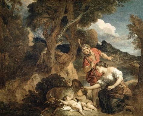 A painting depicting Romulus and Remus being found by shepherds Faustulus and Acca Larentia ...