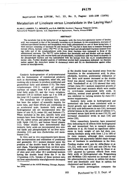 (PDF) Metabolism of linoleate versus linoelaidate in the laying hen