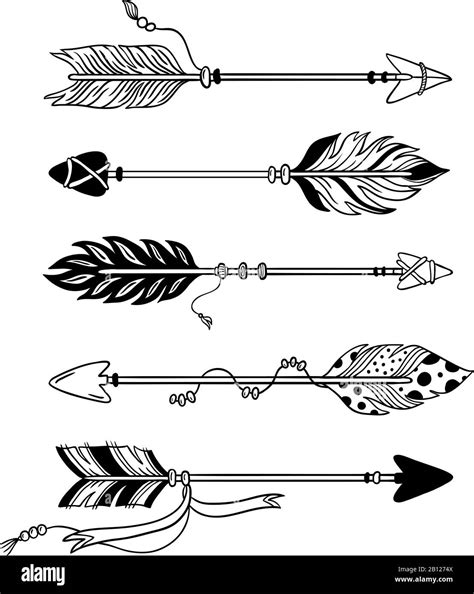 Ethnic arrows. Hand drawn feather arrow, tribal feathers on pointer and decorative boho bow ...