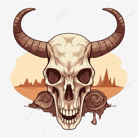 Longhorn Skull Vector, Sticker Clipart Skull With Horns On A Desert ...