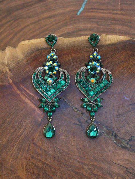 Emerald Green Rhinestone Long Earrings Emerald Green Pageant - Etsy | Emerald green earrings ...