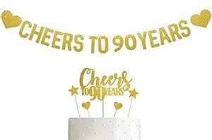 SVM CRAFT® Cheers to 90 Years Cake Topper and Banner/Happy 90th Birthday Cake Decorations/Happy ...