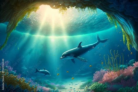 Swimming dolphins at the bottom of the sea with sunbeams.Ocean colorful background with.
