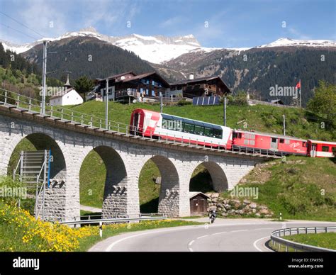 Oberalppass, Switzerland - May 14, 2015: Railway bridge in stone where ...