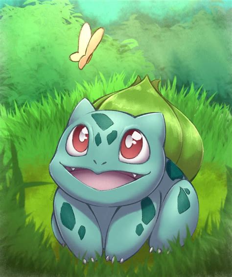 a blue and green pokemon sitting in the grass with a butterfly flying over it's head