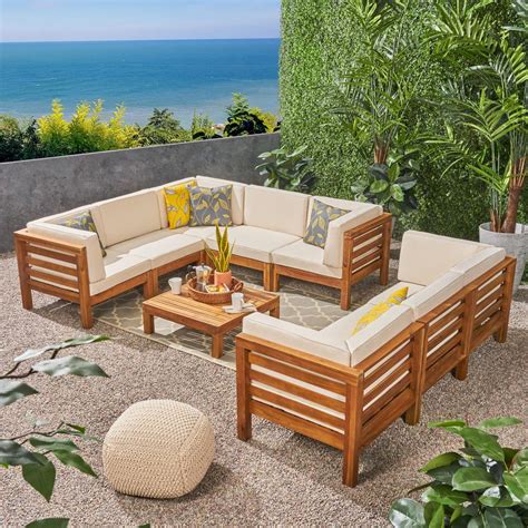 Noble House Jonah Teak Finish 9-Piece Wood Outdoor Sectional Sofa Set ...