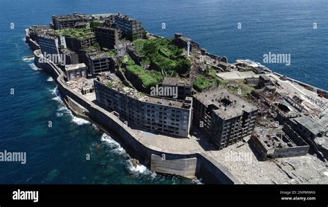 A drone photo shows Hashima Island (Gunkanjima / Battleship Island) in ...