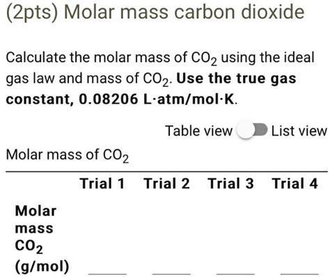 SOLVED: (2pts) Molar mass carbon dioxide Calculate the molar mass of CO2 using the ideal gas law ...