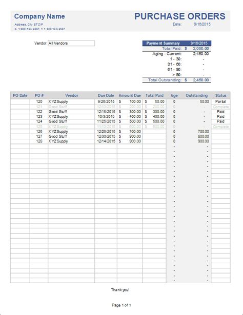 Purchase Order Tracker for Excel