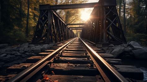 Premium AI Image | railroad tracks on a bridge at sunset