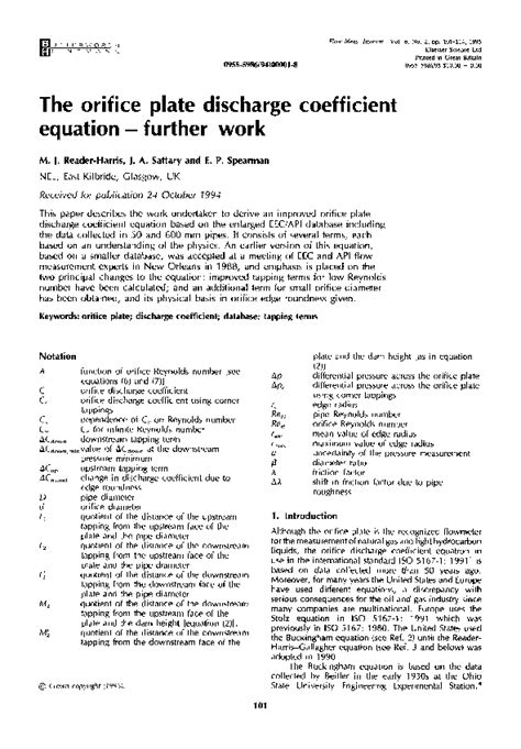 (PDF) The orifice plate discharge coefficient equation -further work | Henry Qi Jin - Academia.edu