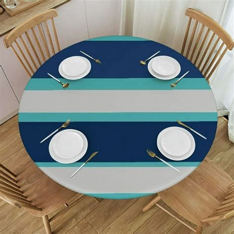 Ulloord Waterproof Round Fitted Table Cover, Teal Navy Blue White Stripe Elastic Edged ...