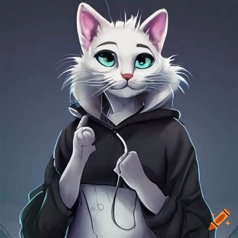 Detailed furry art of a white cat in a black hoodie
