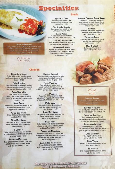 Menu at Rio Grande Mexican Grill restaurant, Yanceyville