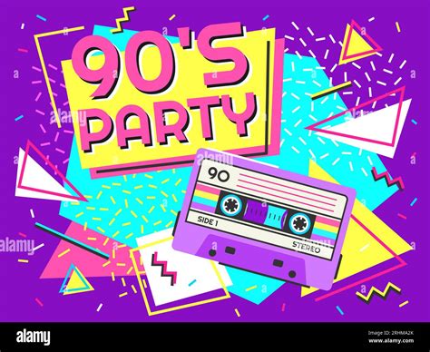 Retro party poster. Nineties music, vintage tape cassette banner and 90s style. Radio invitation ...