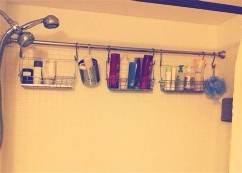 Add An Extra Shower Curtain Rod To The Shower And Hang Caddies From It To Save Space. Um duhh ...