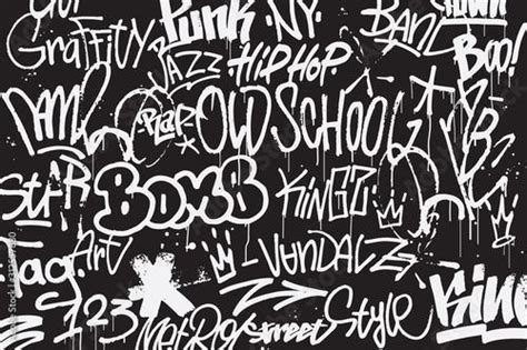 Graffiti tags background in black and white colors. Graffiti texture in hand drawn style. Old ...