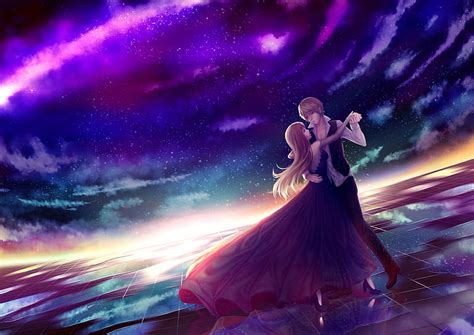 HD wallpaper: anime couple, dancing, stars, sky, romance, dress, night ...