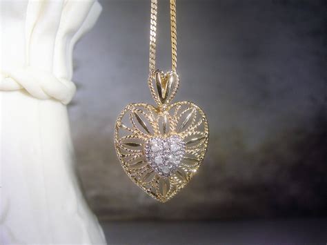 10K Diamond Heart Necklace, Gold Diamond Heart Necklace, Heart Pendant, Filigree Heart Pendant ...