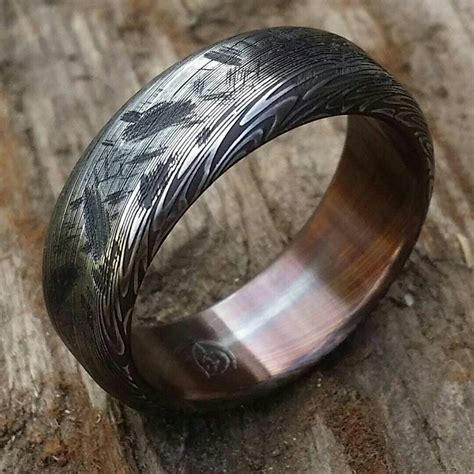 Weathered Damascus ring Stainless steel Damascus black & blue PROVIDER ring, genuine damascus ...