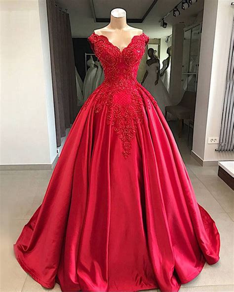 Beautiful Red Satin Prom Dress, V Neck Long Evening Dress For Prom 2019 #prom | Red ball gowns ...