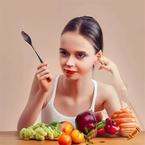 Girl serving a healthy meal with vegetables and fruits on Craiyon