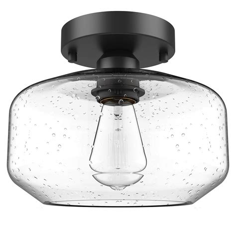 Buy Industrial Semi-Flush Ceiling Light, Seeded Glass Pendant Lamp Shade, Black Farmhouse ...