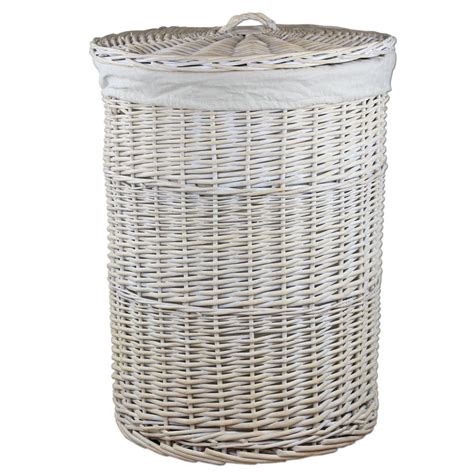 Keswick White Wash Round Wicker Laundry Basket Woven Bedroom Storage With Lid | eBay