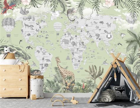 Childrens World Map Wall Mural Wallpaper Peel and Stick Kids - Etsy