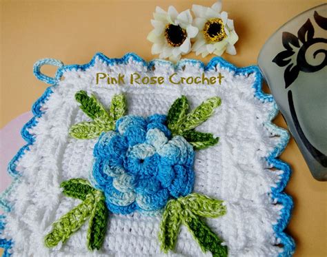 Pink Rose Crochet: Granny Square Flower Pot Holders Pega Panelas Flor Azul