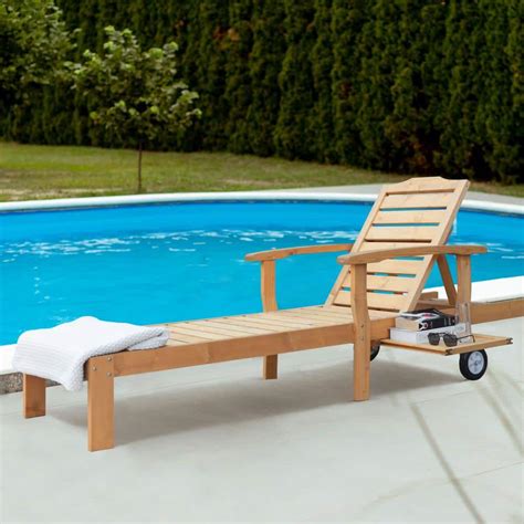 VEIKOUS Oversized Wood Color Wood Outdoor Chaise Lounge Chair with Wheels and Pull-Out Tray ...