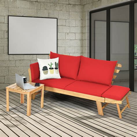 Gymax Adjustable Patio Sofa Daybed Acacia Wood Furniture w/ Red Cushions - Walmart.com