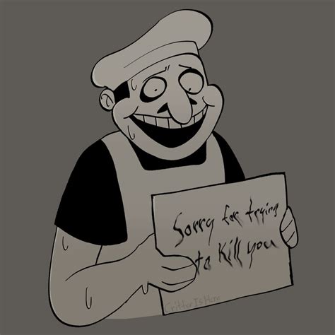 A drawing of Fake Peppino holding up a sign that says “Sorry for trying to kill you” Spaghetti ...