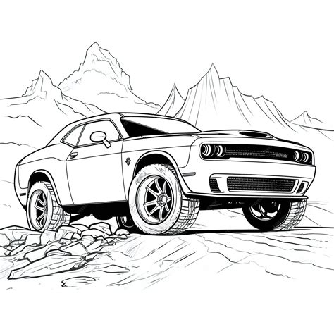 Premium Vector | Dodge challenger hellcat standing on a rocky road best hand draw colorful book eps