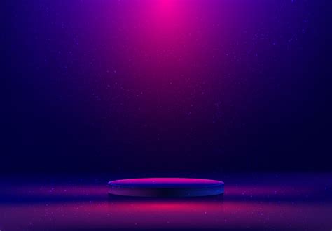 Empty 3D realistic blue and pink neon color podium studio room glowing lighting effect with ...
