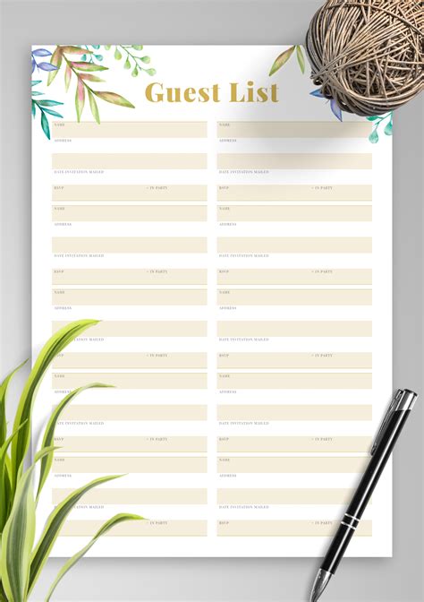 Download Printable Wedding Guest List with Botanical Pattern PDF