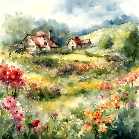 Rustic Watercolor Idyllic Country Scene AI Generative 28098685 PNG