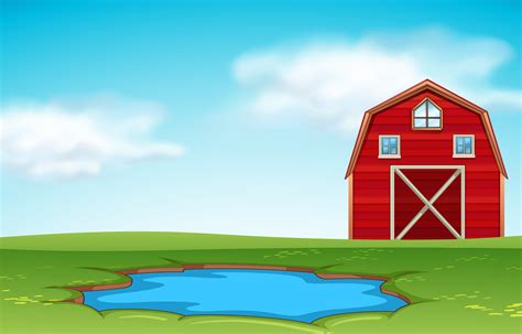 Red barn and pond farm scene 298921 Vector Art at Vecteezy