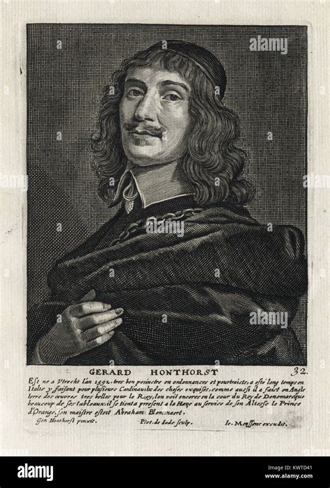 GERARD HONTORST - Woodcut portrait and short biography (old french language) - Engraving 17th ...