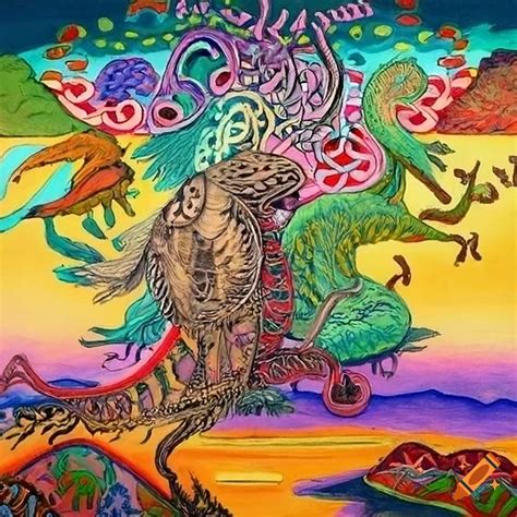 Colorful pen and ink landscape with mythical creatures and spirit animals in a fusion of ...