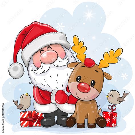 Cartoon Santa Claus with deer on a blue background Stock Vector | Adobe ...