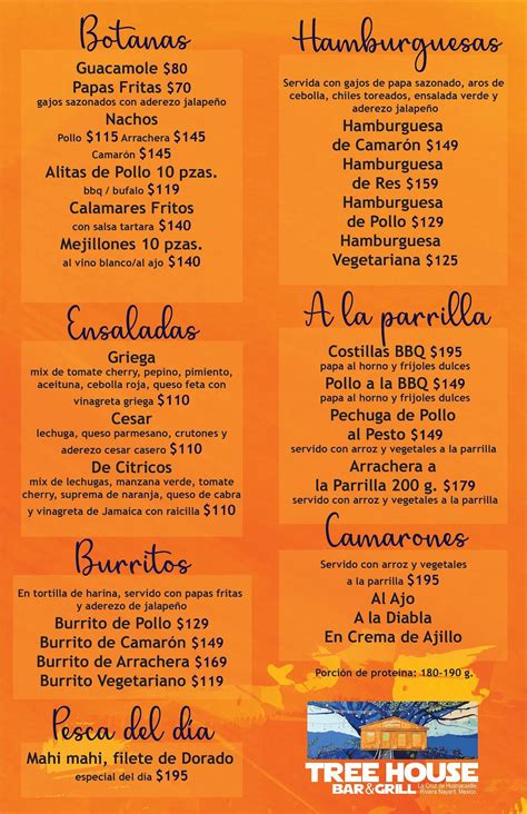 Menu at Tree House Bar & Grill, La Cruz de Huanacaxtle