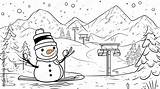 ภาพประกอบสต็อก Cartoon Ski Resort Coloring Page For Kids With Snowman  sketch template