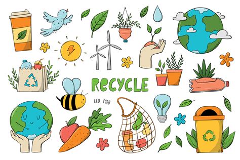 conjunto de ecológico sustentabilidad garabatos, ambiente dibujos animados elementos aislado en ...